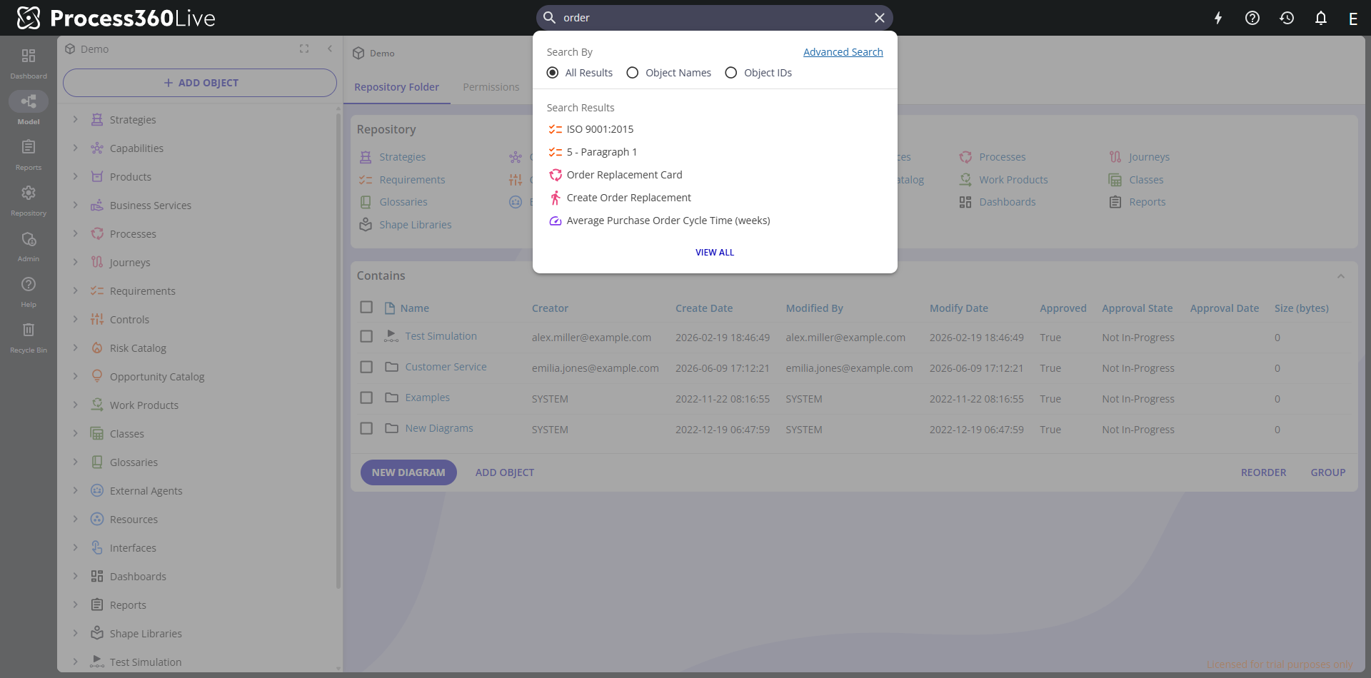The Quick Search dropdown under the search box, showing the Search By options and five results with their repository paths.
