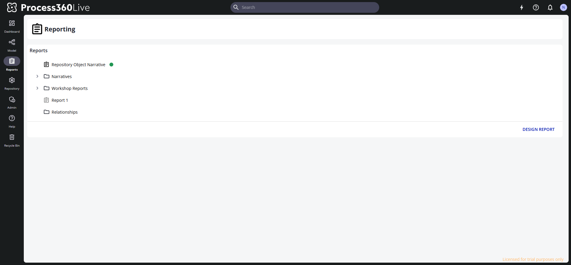 The Reporting area listing saved reports, with the Design Report button at the lower right.
