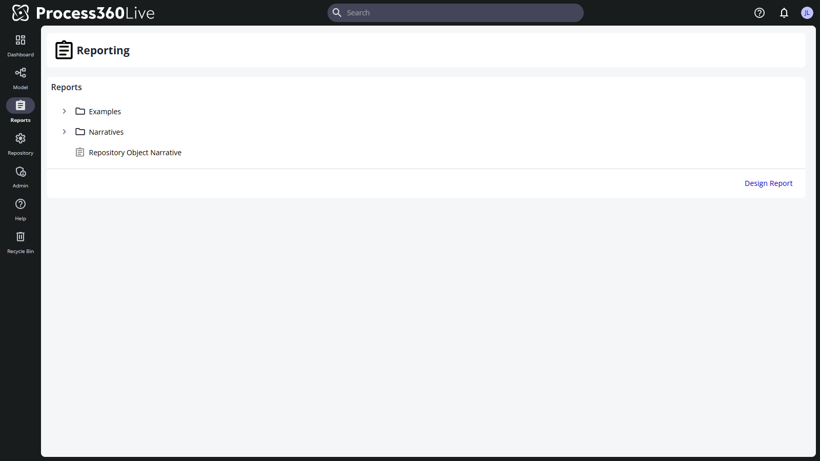 The Reporting area listing saved reports, with the Design Report button at the lower right.