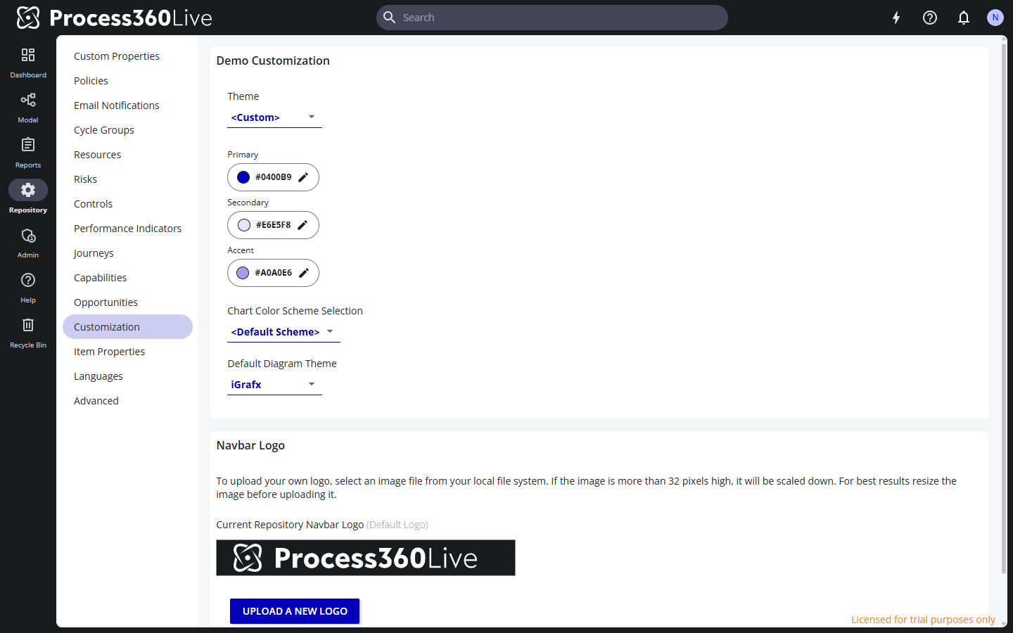 The repository Customization page with theme, chart color scheme, default diagram theme, and navbar logo settings.