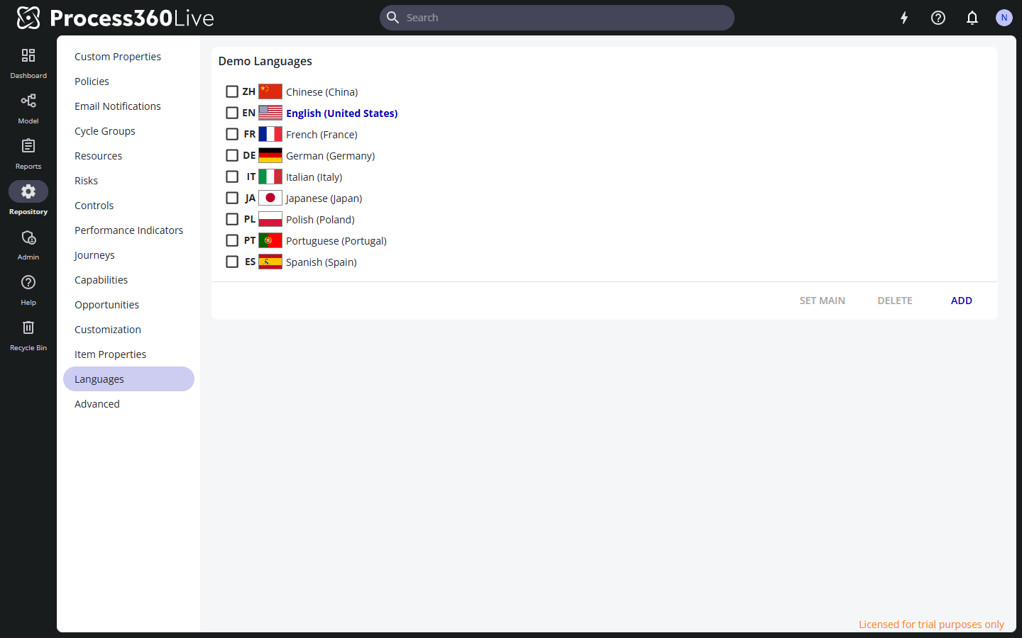 The repository Languages page with the language list and the Set Main, Delete, and Add buttons.