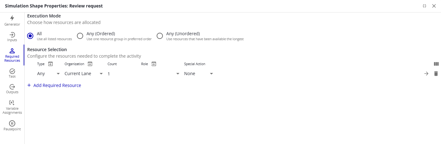 The Required Resources tab with the execution mode choices and the resource selection list.