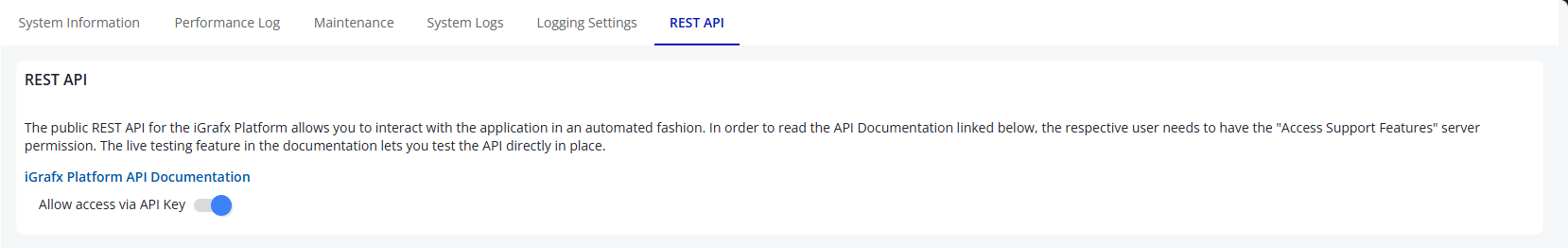 The REST API page under Admin, Support, with the API documentation link and the Allow access via API Key toggle