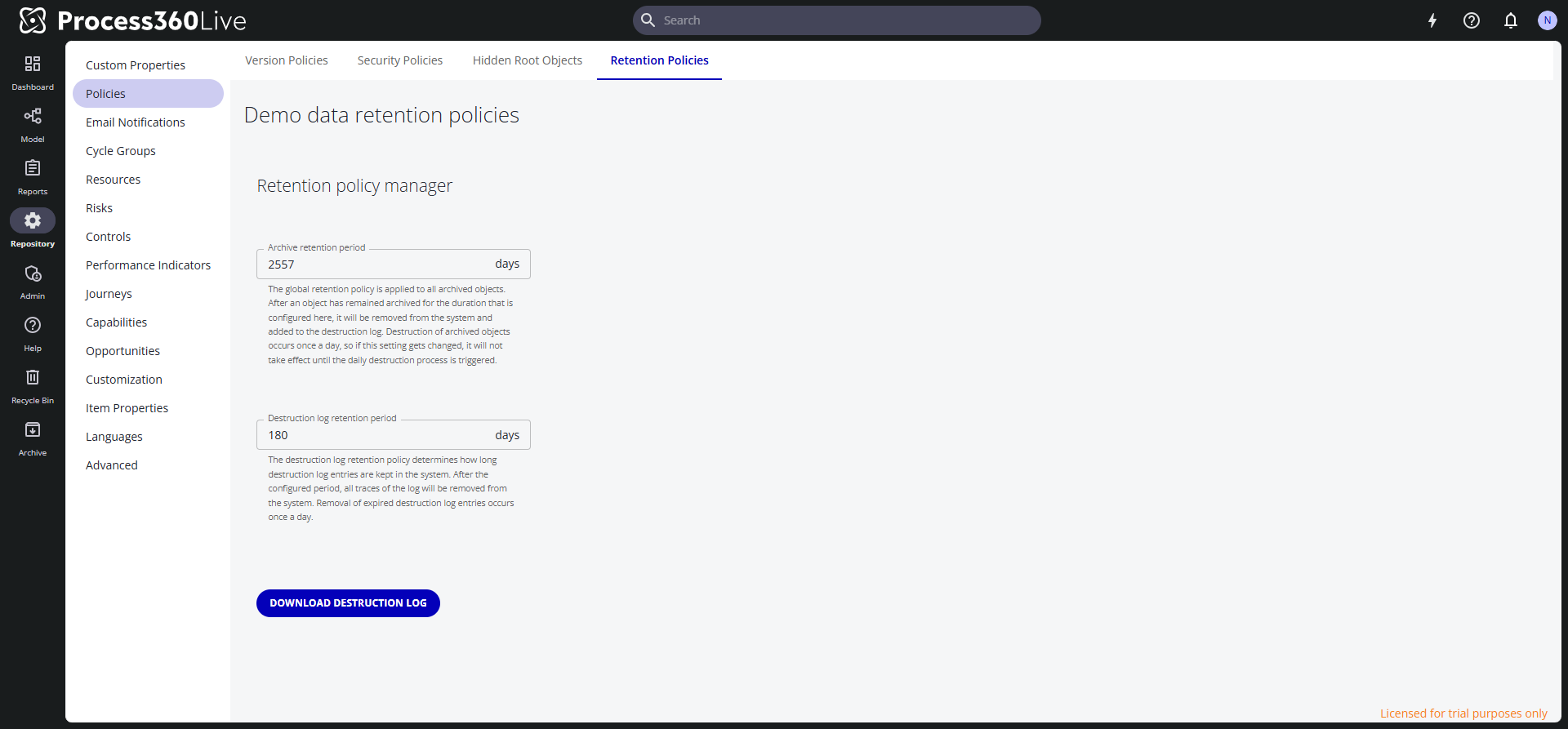 The Retention policy manager with the archive retention period, the destruction log retention period, and the Download destruction log button.