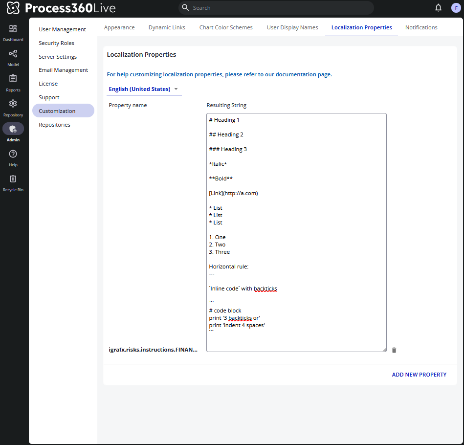 The Localization Properties tab with a risk instructions property and its markdown content in the text area.