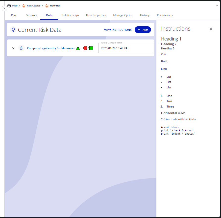The Instructions panel on an ICS risk's Data tab rendering the customized markdown instructions.
