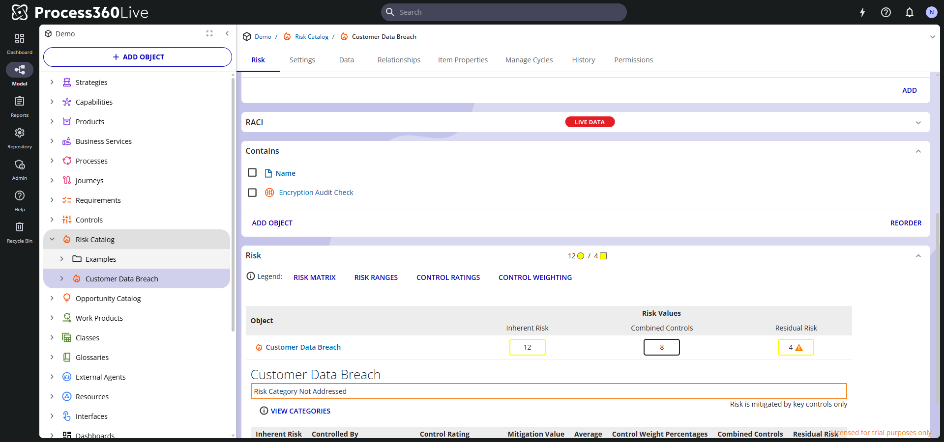 The Risk section of a risk's main page, showing the remediation summary and the per-control breakdown with ratings and weights.