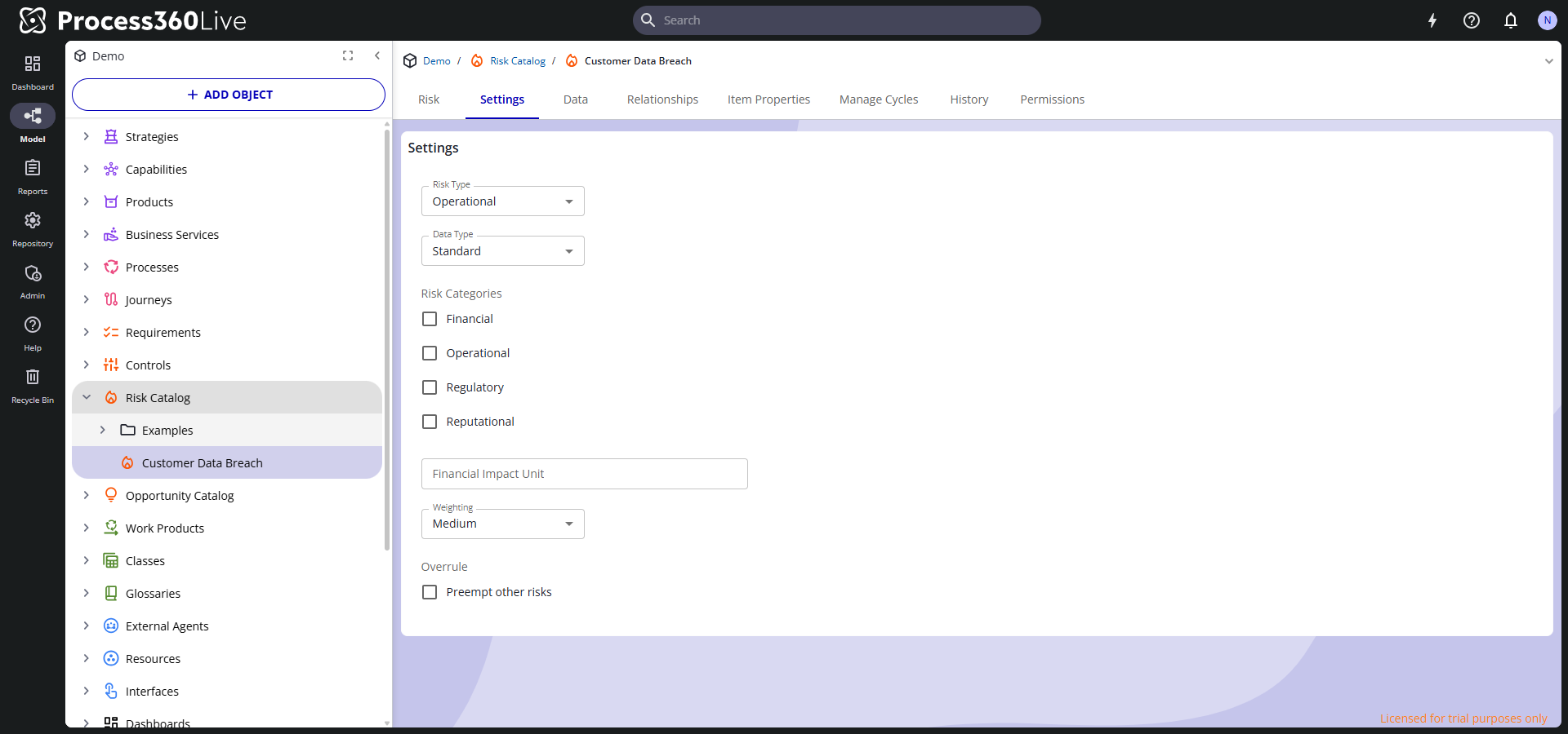 The Settings tab of a Risk, showing Risk Type, Data Type, Risk Categories, Financial Impact Unit, Weighting, and the Preempt other risks option.