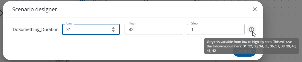 The Scenario designer varying a duration variable from a low to a high value by a step.