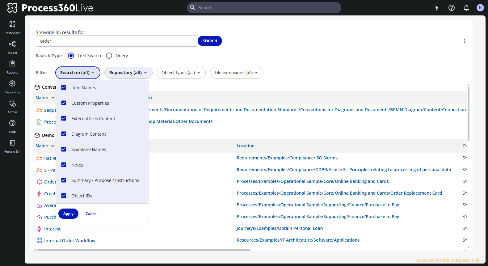 The search results page with the Search in filter open, showing the content locations to search.