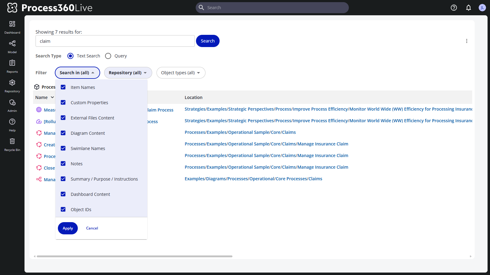 The search results page with the Search in filter open, showing the content locations to search.