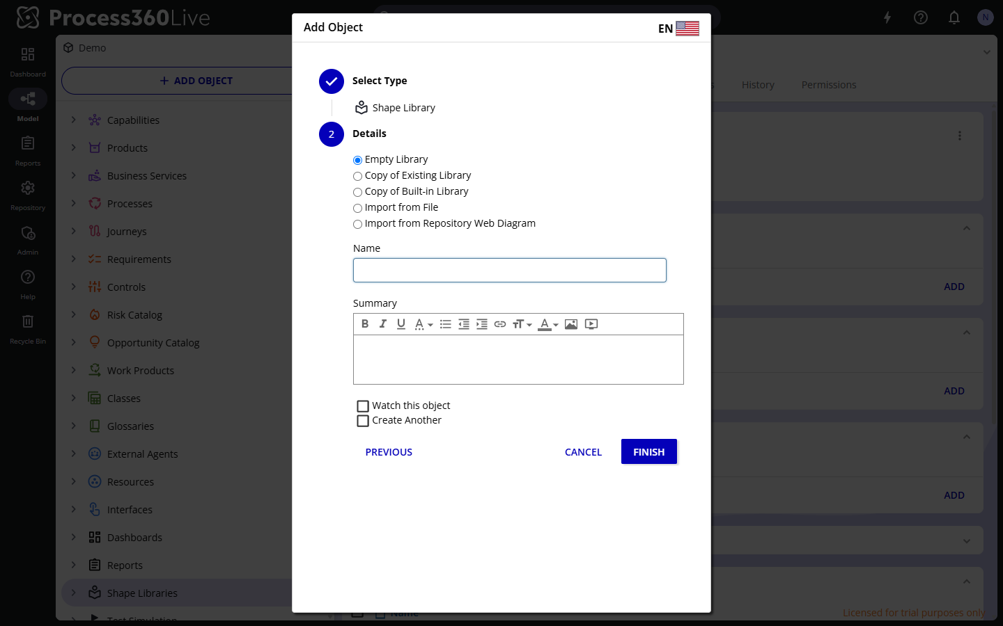 The Add Object dialog for a Shape Library with the start options.