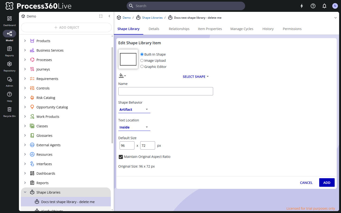 The Edit Shape Library Item editor with the graphic modes and the behavior, text location, and size fields.