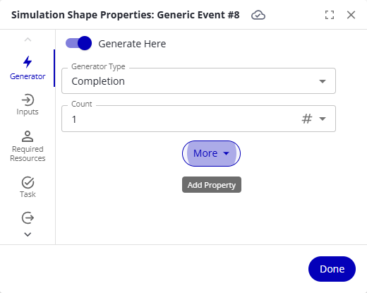 The Generator tab with Generate Here on and the generator type and count fields.