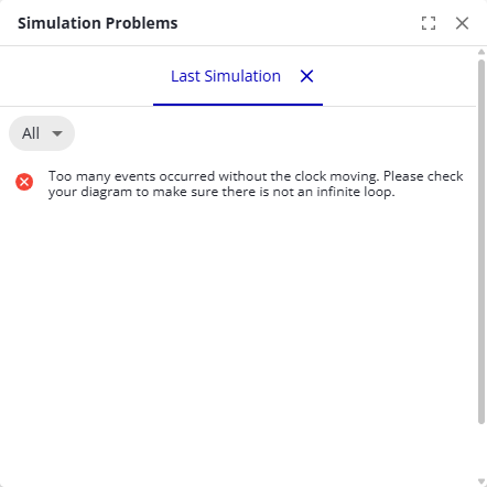 The Simulation Problems dialog listing an error from the last simulation run.