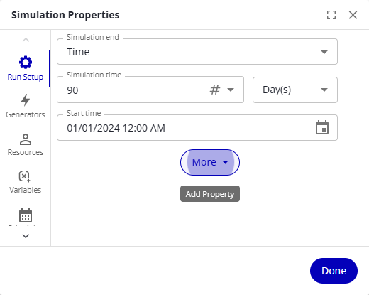 The Run Setup tab with the simulation end, simulation time, and start time fields.