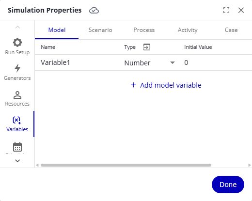 The Variables tab with scope tabs and the name, type, and initial value columns.