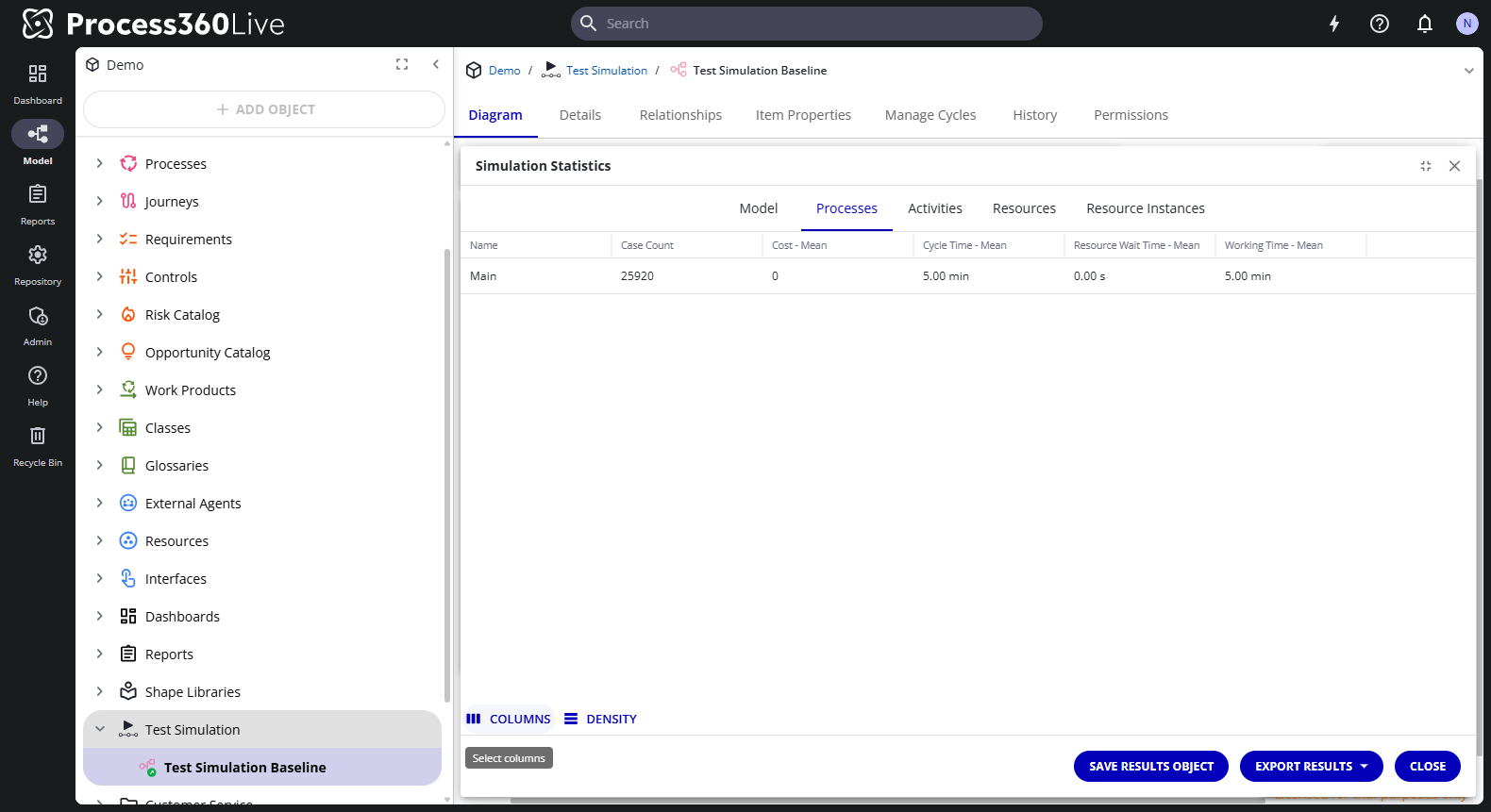 The Simulation Statistics window with the results tabs and the Columns option.