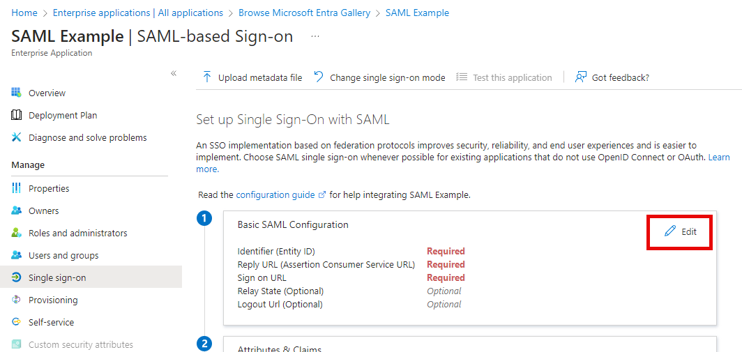 The SAML single sign-on configuration in the enterprise application.