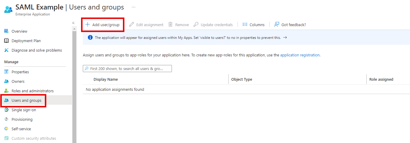 Assigning users and groups to the enterprise application.