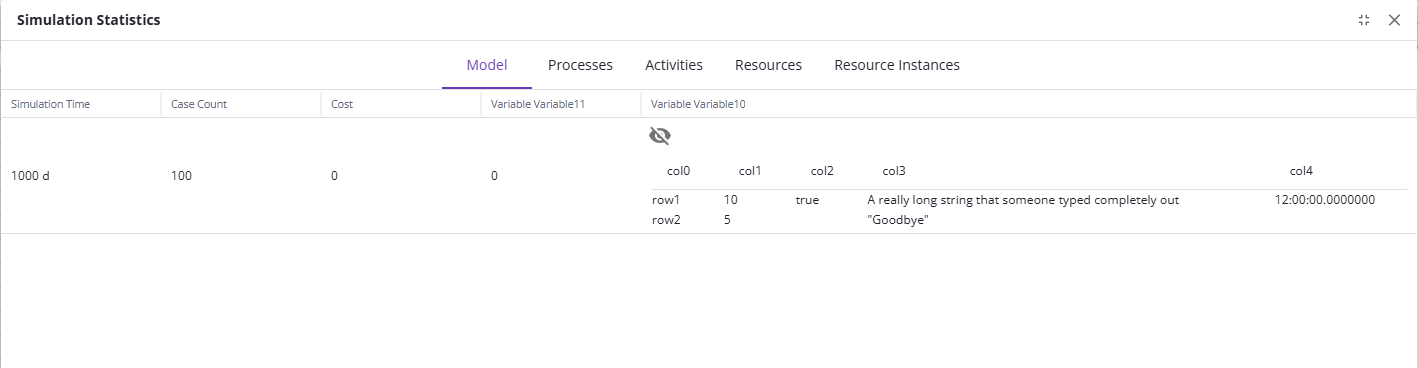 The results view opening a table variable's contents.