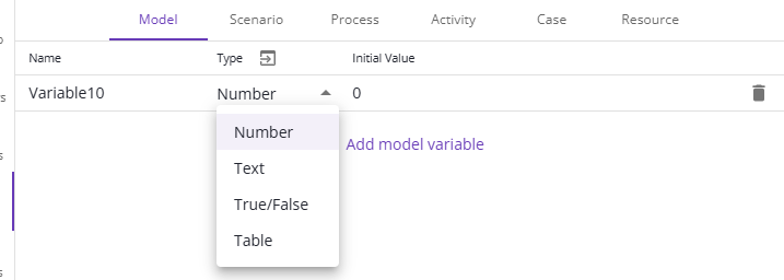 A model variable with its type set to Table.