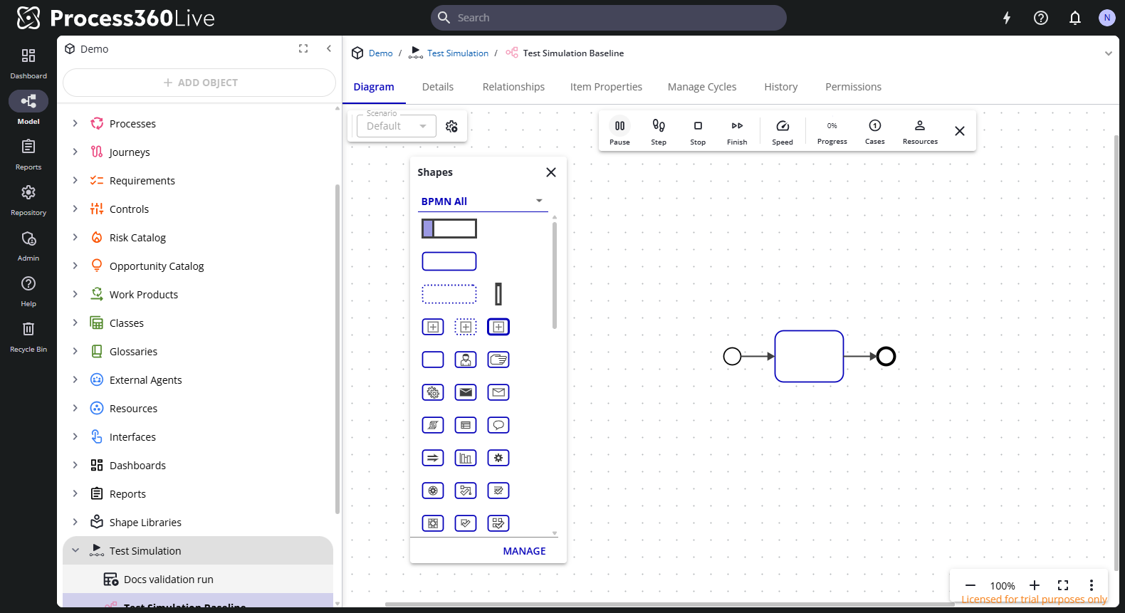 A simulation running in trace mode, with playback controls and the speed slider in the toolbar.