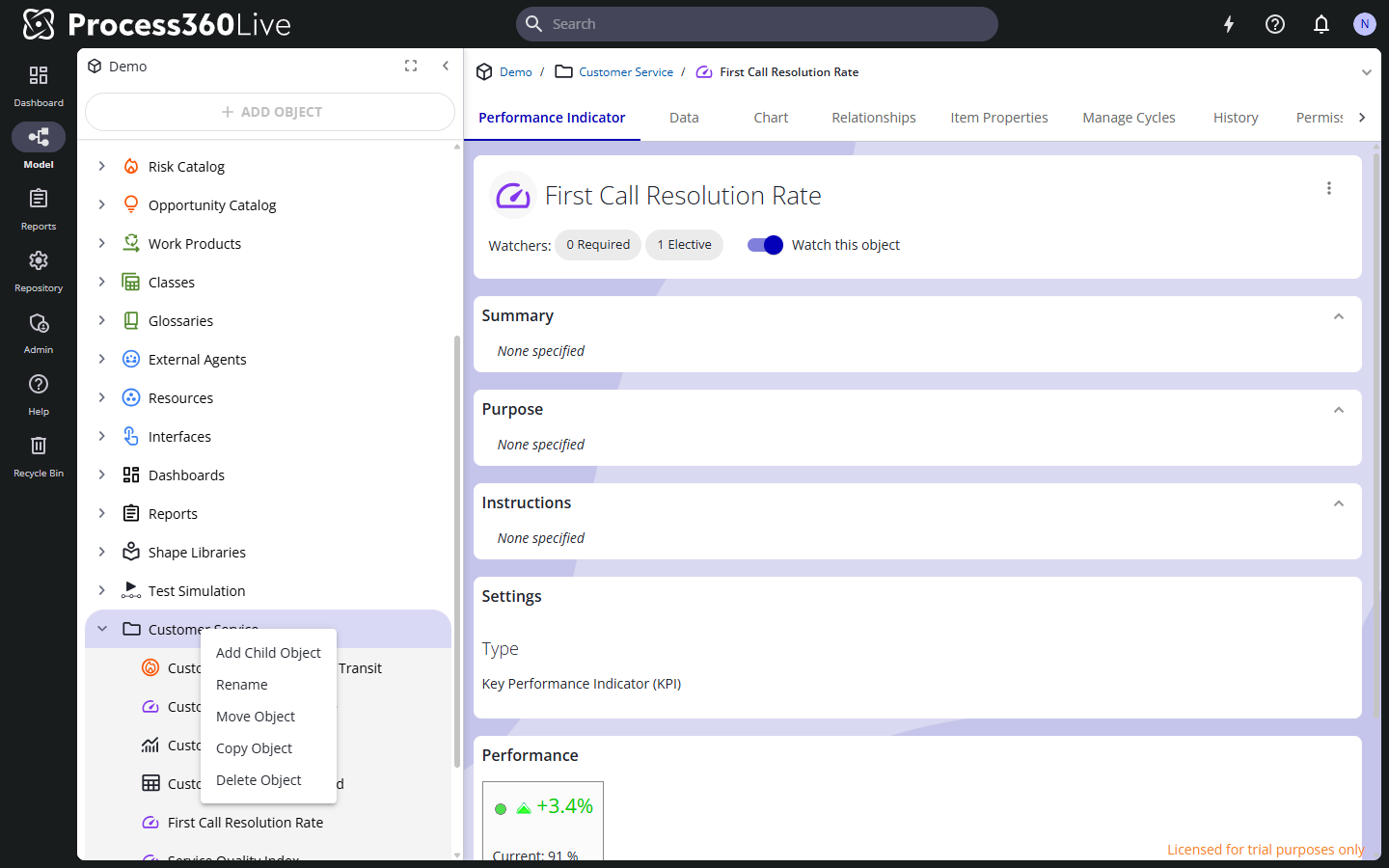 The repository tree right-click menu with Add Child Object, Rename, Move Object, Copy Object, and Delete Object.