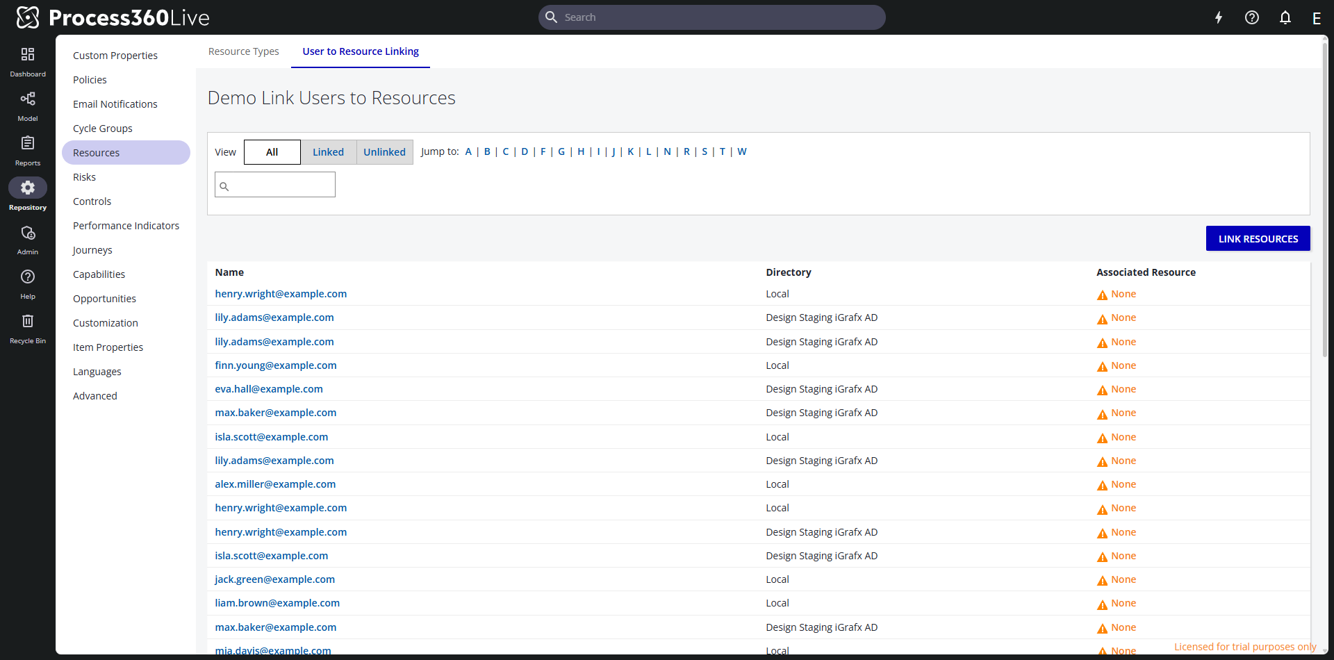 The linking mode of the User to Resource Linking tab with match filters and per-user actions.