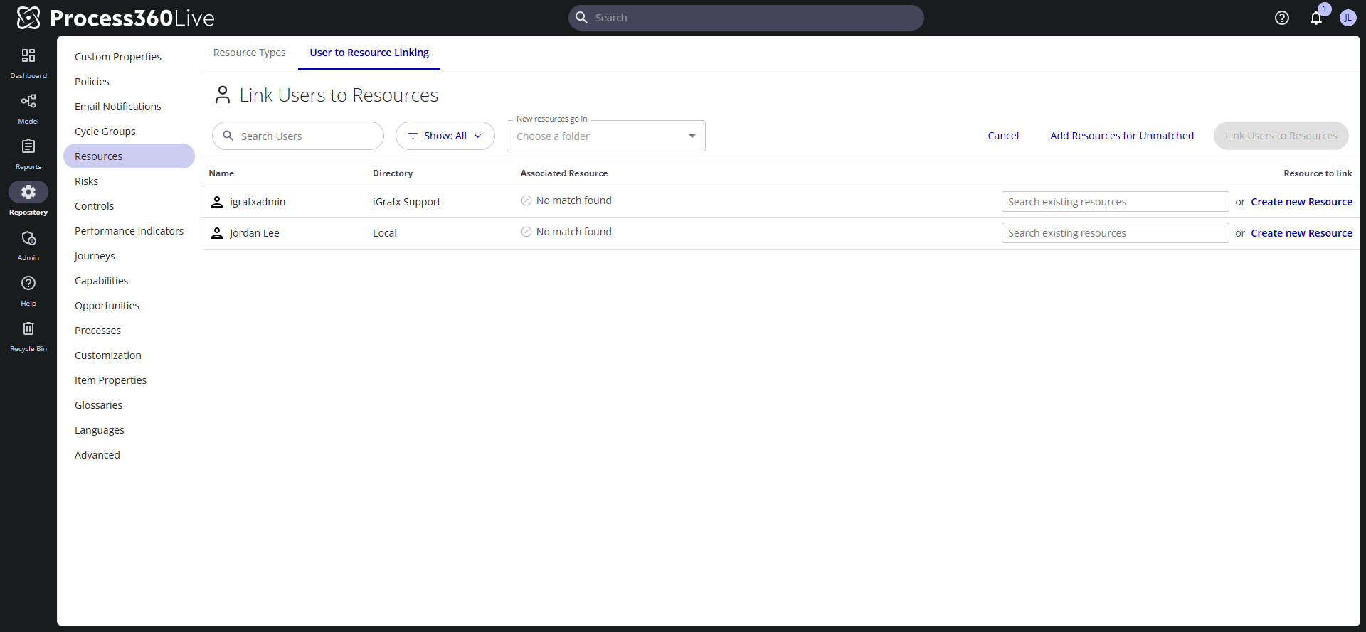 The linking mode of the User to Resource Linking tab with match filters and per-user actions.