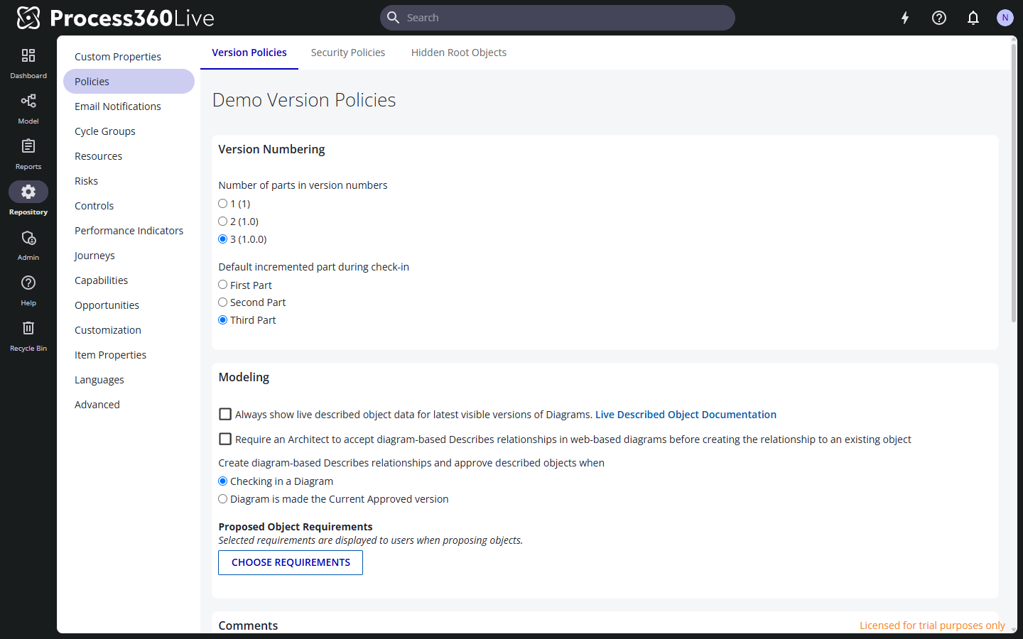 The Version Policies tab with the version numbering, modeling, comments, owner, and digital signature sections.