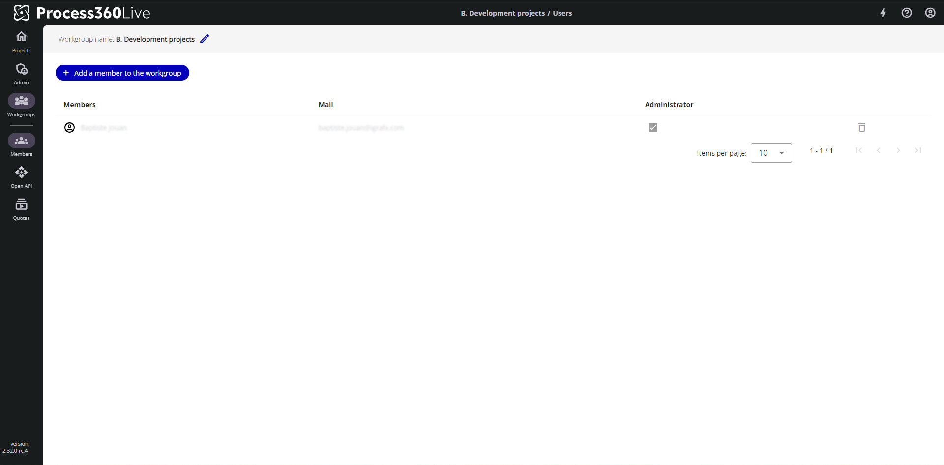Workgroup admin member page