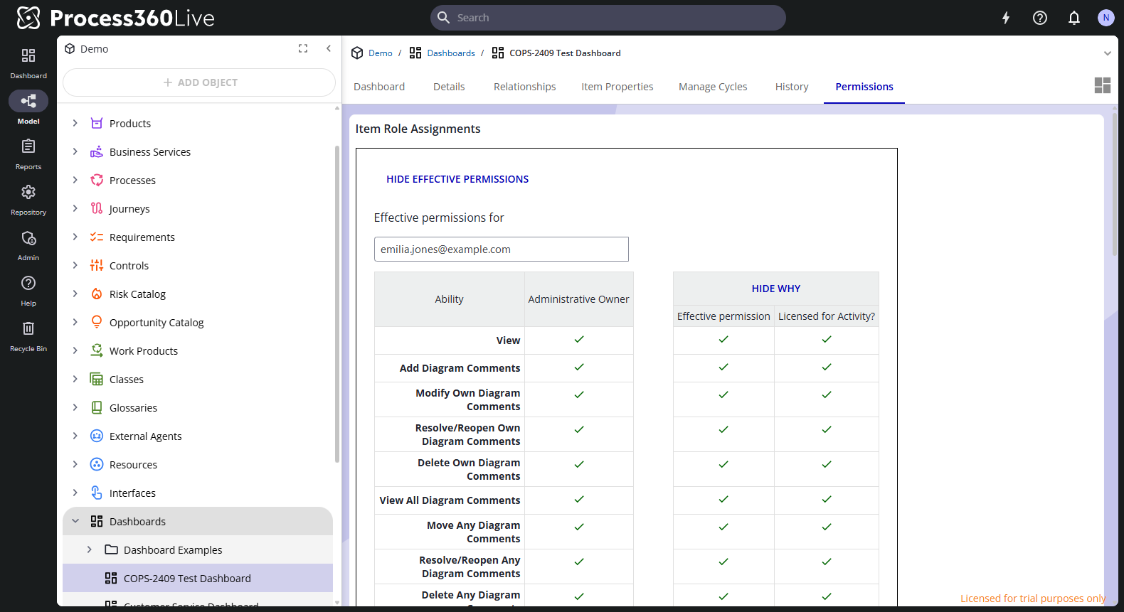 The effective permissions table for a user, expanded with Show why to reveal the Administrative Owner source column.