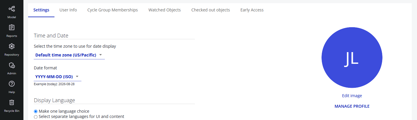 Manage Profile at the upper right of the My Profile Settings tab, below Edit image.