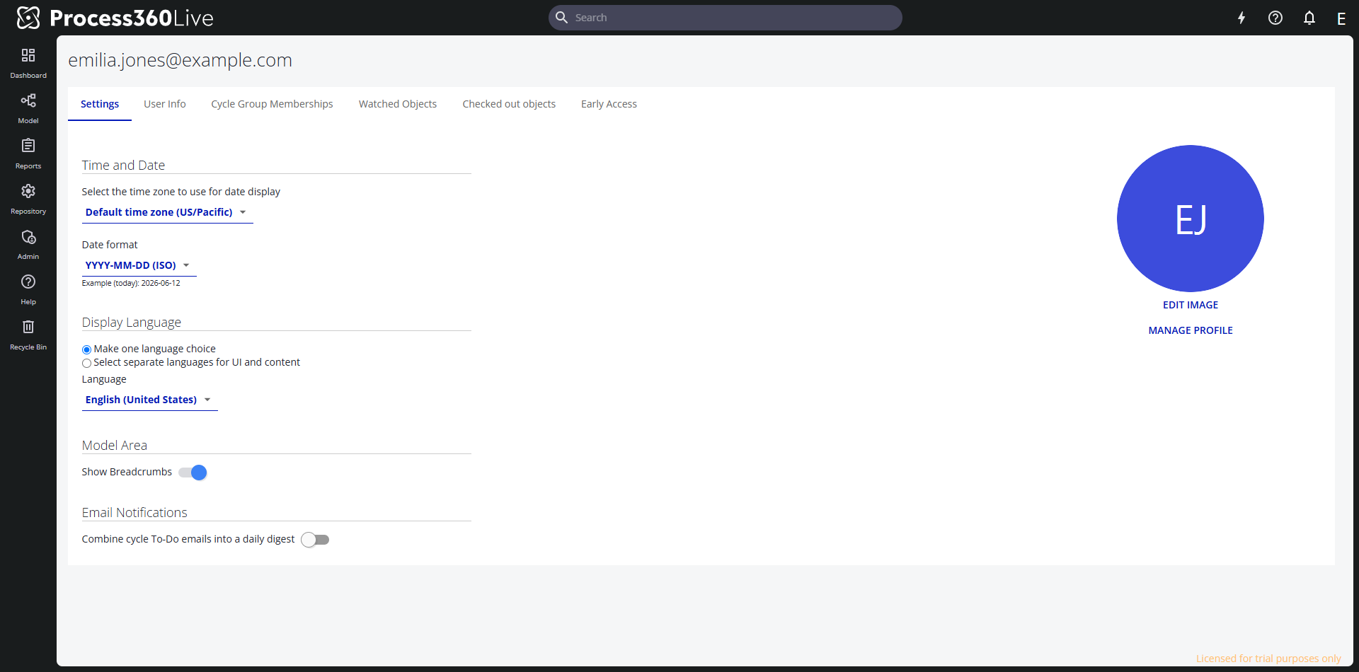 The My Profile Settings tab with time and date, display language, model area, and email notification settings.
