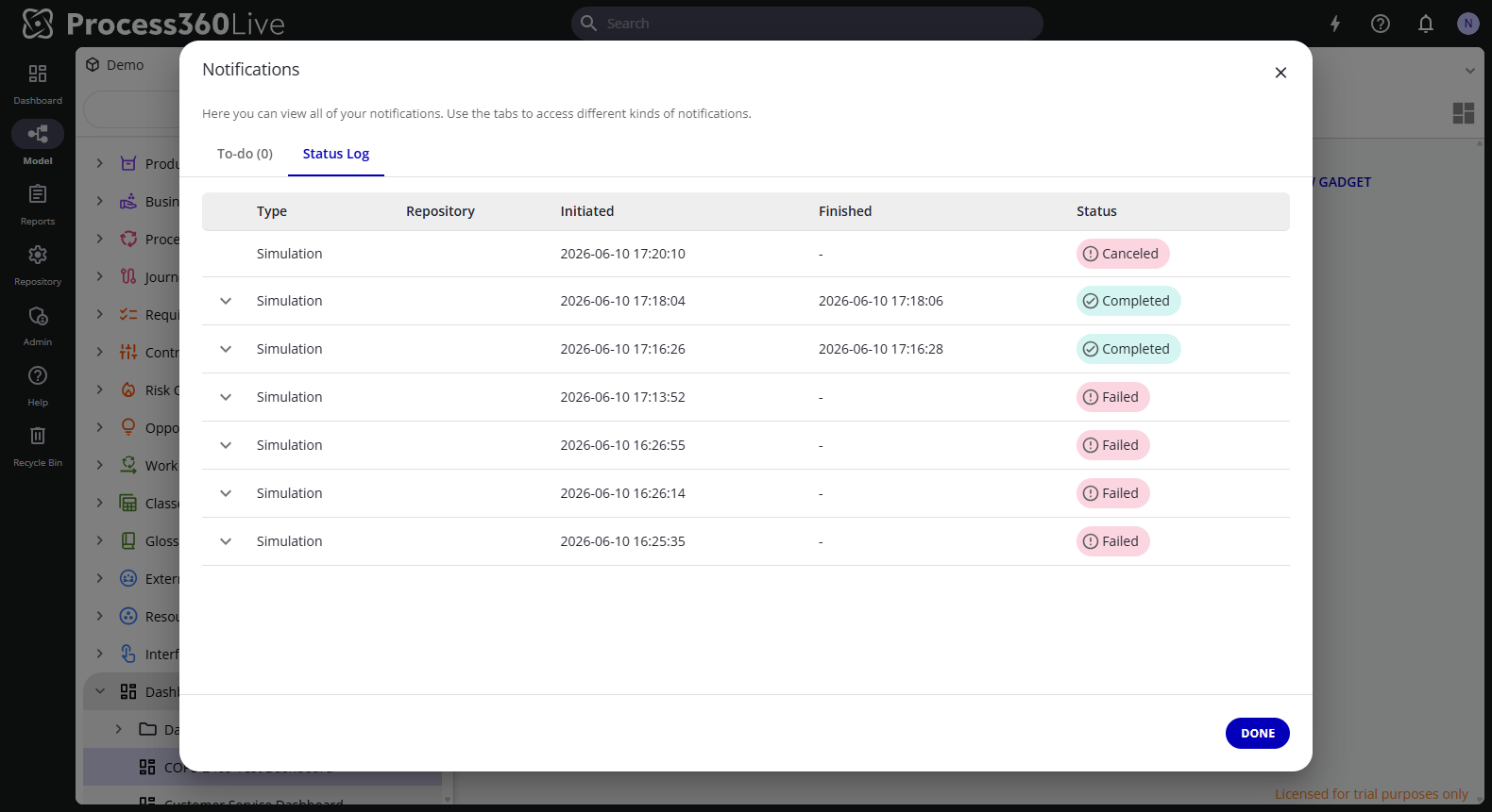 The Status Log tab listing simulation jobs with their start times and Completed, Failed, and Canceled statuses.