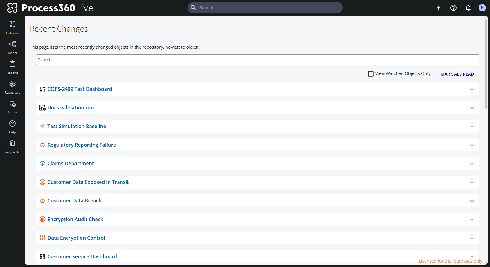 The Recent Changes page with the search box, the View Watched Objects Only filter, the Mark all read button, and the newest changed items.